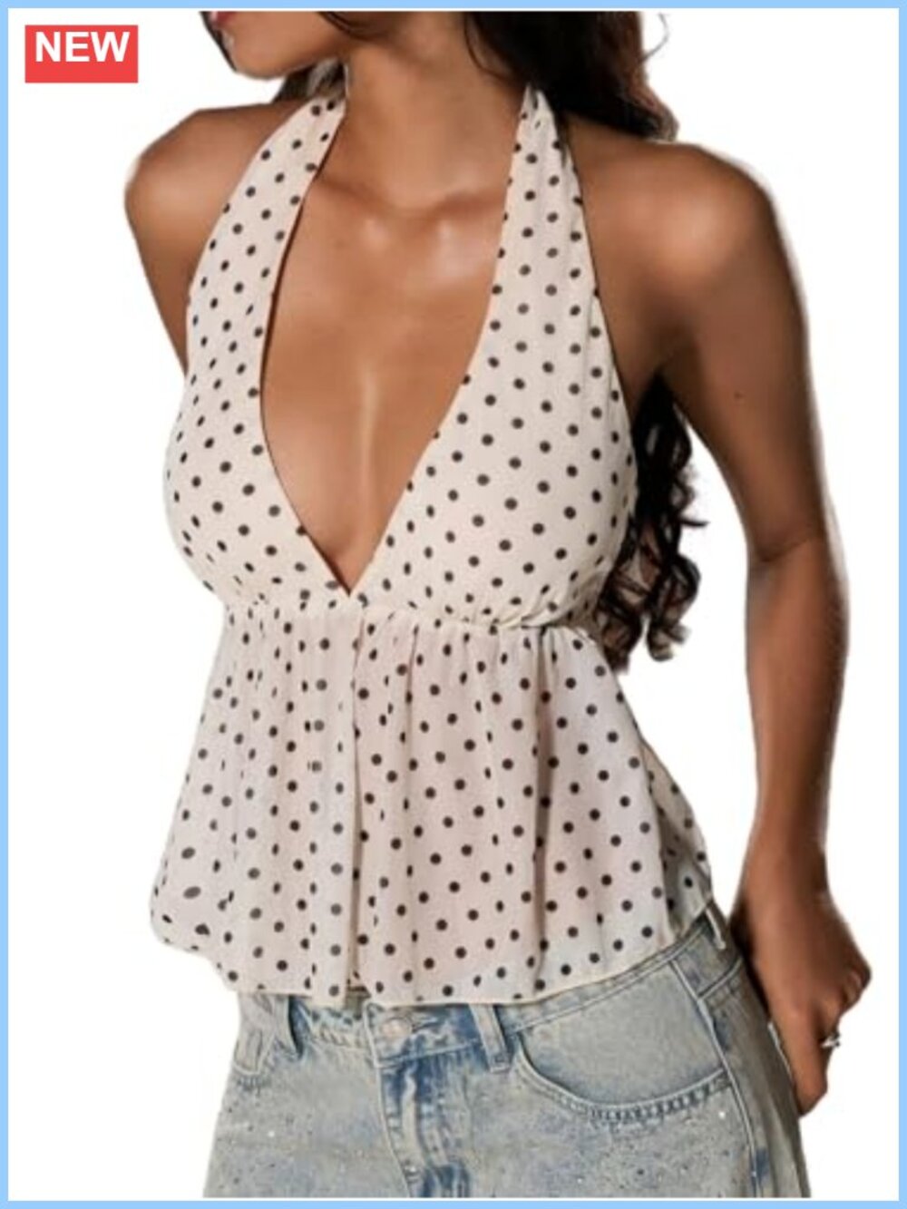 Polka Dots Tie Backless Halter Top V Neck Sleeveless Crop
